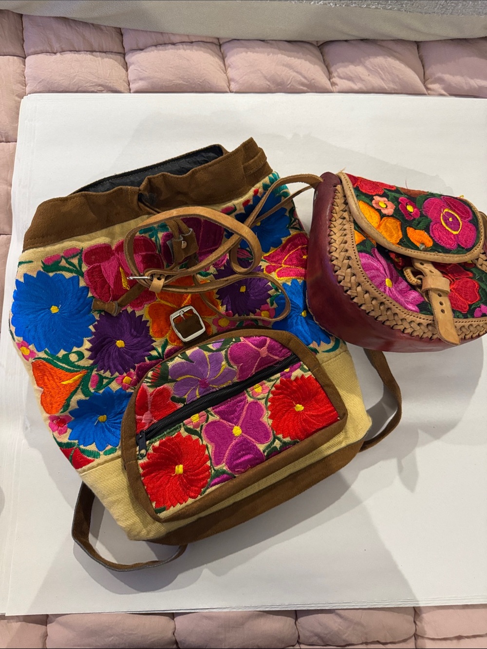 Embroidered Floral Canvas Backpack - Multicolor and crossbody